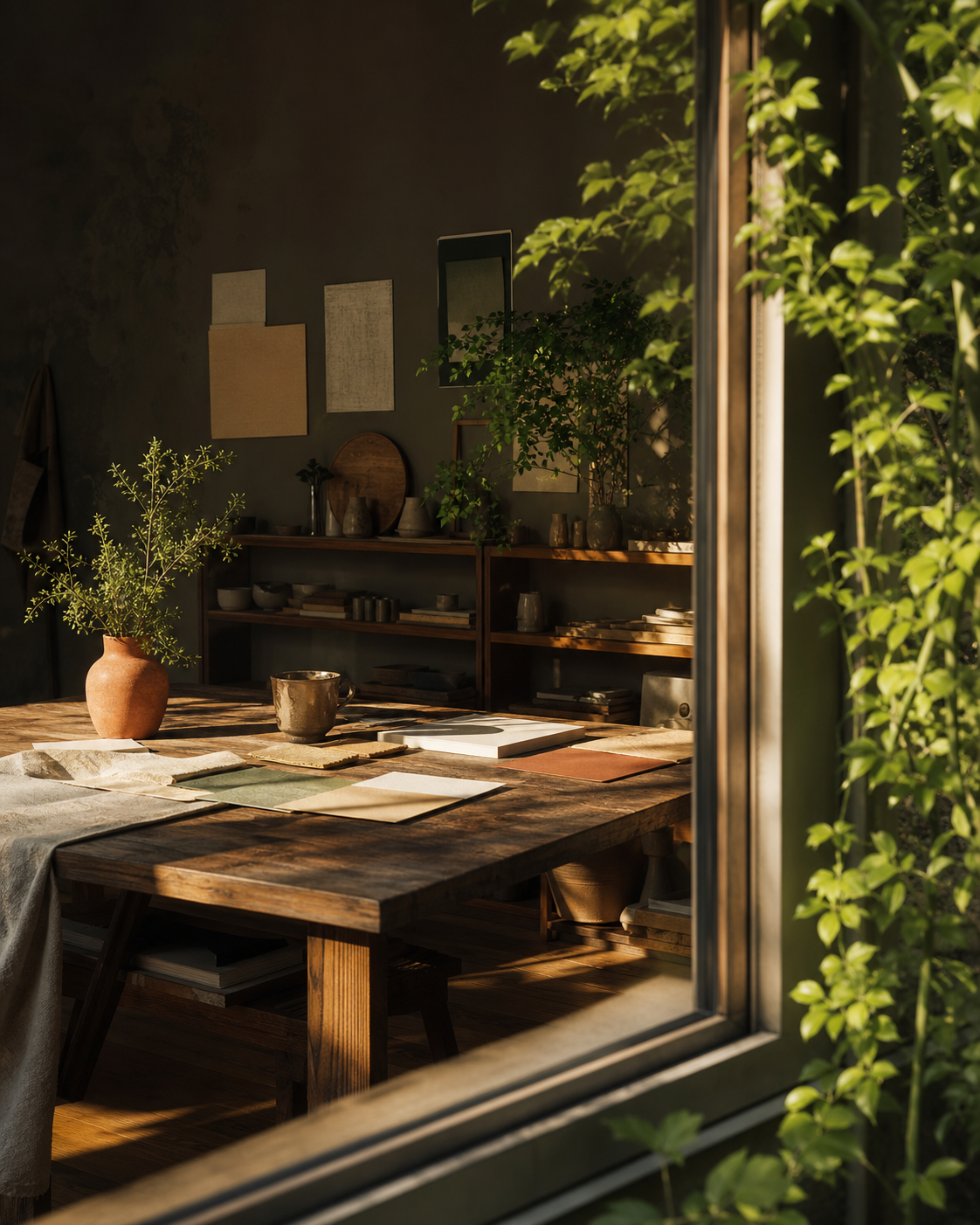A warmly lit creative workspace viewed through a window